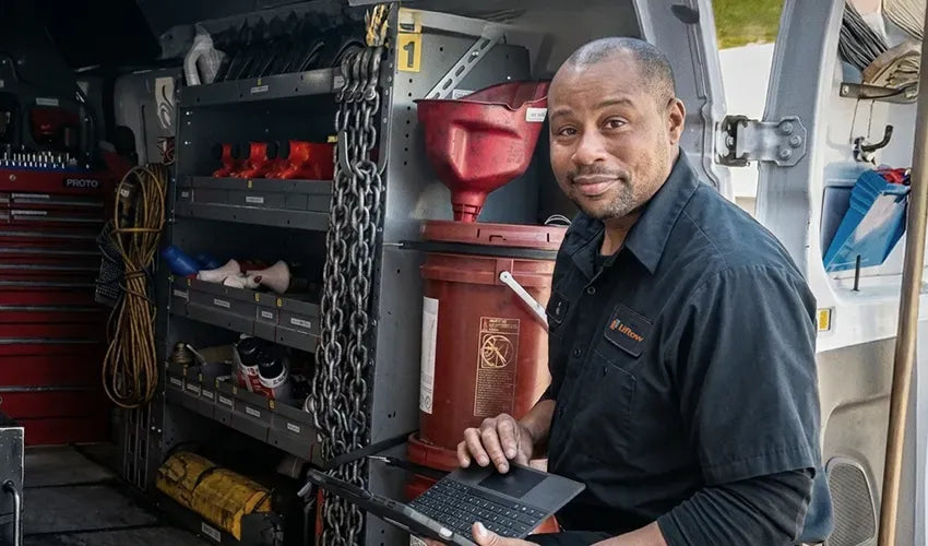 Liftow technician on an emergency repair call